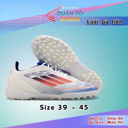 Giày Bóng Đá Adidas F50 Elite Laceless Trắng Xanh Biển Vạch Đỏ Lưỡi Gà Liền TF