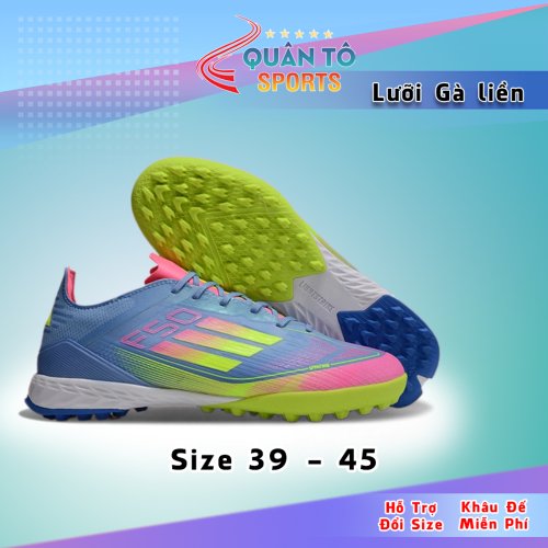 Giày Bóng Đá Adidas F50 Pro Xanh Biển Vạch Chuối Lưỡi Gà Liền HQ TF