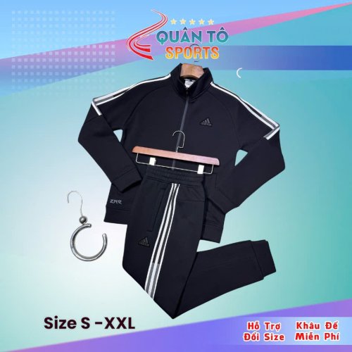 Bộ Thể Thao Adidas Cao Cấp 3 Sọc Cả Tay  Lót Nhung - Đen